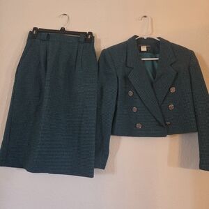 Norton McNaughton Teal Houndstooth Cropped Double-Breasted Skirt Set